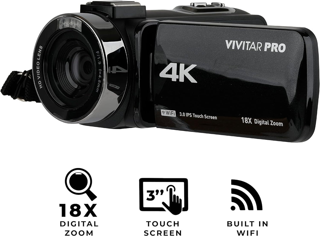 Vivitar 4K Video Camera, Wi-Fi Ultra HD Camcorder, 18x Zoom, 3” IPS Touchscreen